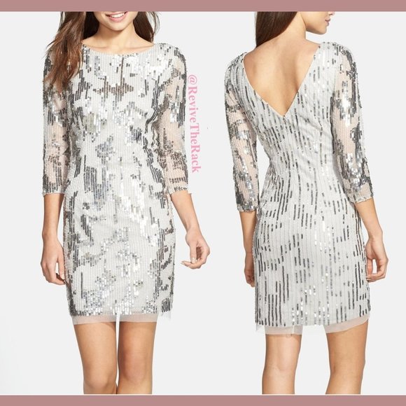 NEW Adrianna Papell Embellished 3/4 Sleeve Sheath Dress in SILVER‎ [SZ 6 ] - Picture 1 of 12